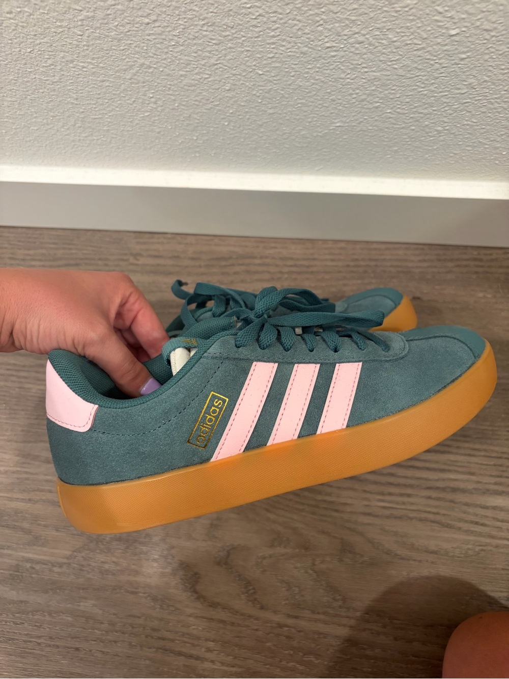 adidas VL COURT 3.0 Women's Teal Suede Sneakers with Pink Stripes